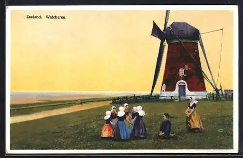 Künstler-AK Photochromie Nr.2934: Zeeland, Walcheren, Mädchen in Tracht vor einer Windmühle