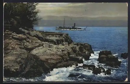 AK Photochromie NR 1884: Blick über die Felsen zum Dampfer