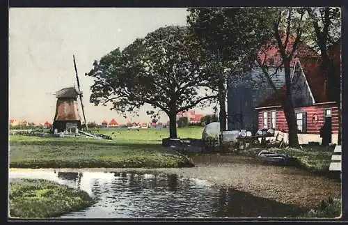 AK Photochromie NR. 1428: Windmühle vor einem Dorf