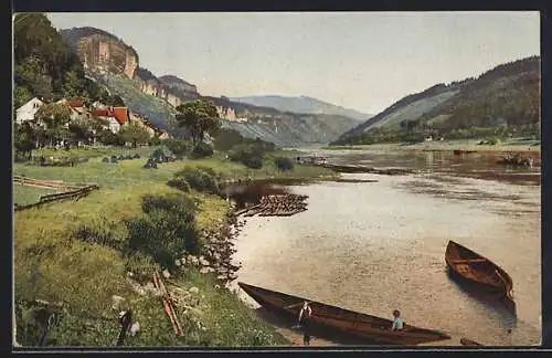 AK Photochromie NR 4561: Ortsansicht, Ruderboote am Fluss