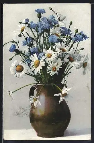 Künstler-AK Photochromie Nr.420: Blumenvase mit Kornblumen und Margeriten