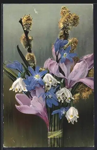 Künstler-AK Photochromie Nr.563: Blumenstrauss mit Maikätzchen, Krokusse, Schneeglöckchen