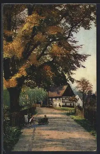 Künstler-AK Photochromie Nr.4195: Kinder mit Handwagen auf dem Weg zum Dorf