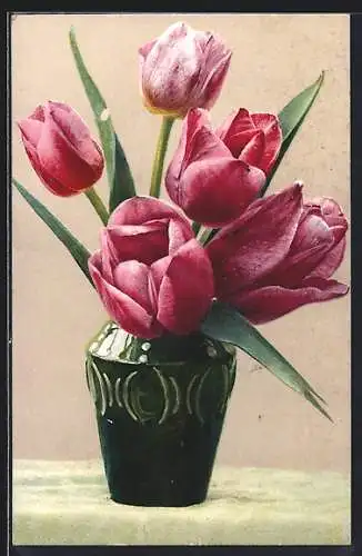 Künstler-AK Photochromie Nr.1143: Blumenvase mit Tulpen