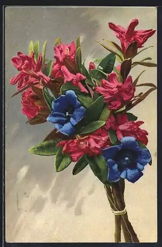 Künstler-AK Photochromie Nr.726: Strauss Oleander mit Enzian