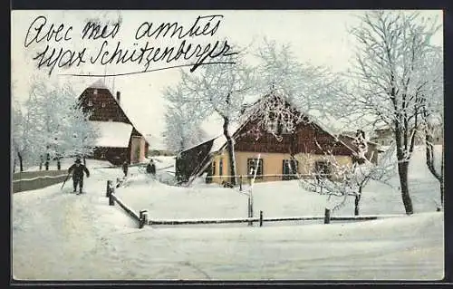 Künstler-AK Photochromie Nr. 1045: Landhaus im Schnee mit Bauer