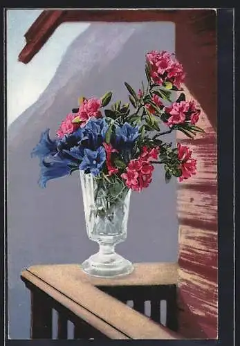 Künstler-AK Photochromie Nr.878: Blumenvase mit Oleander und Enzian