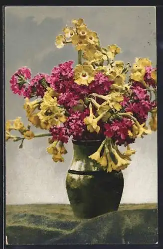 Künstler-AK Photochromie Nr.755: rosa & gelbe Blumen in einer Vase