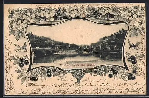 AK Würzburg, Festung und Käppele, im Ornament-Rahmen, Kirschen u. Kirschblüten