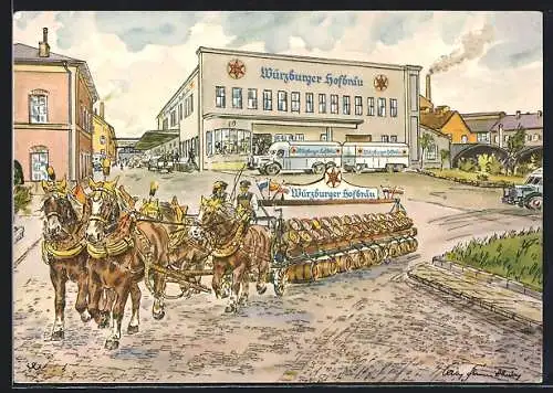 Künstler-AK Würzburg, Brauerei Würzburger Hofbräu, Festwagen und Brauereigebäude