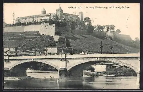 AK Würzburg, Festung Marienberg mit Ludwigsbrücke