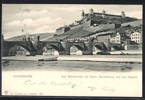 AK Würzburg, Alte Mainbrücke mit Veste Marienburg und Käpelle