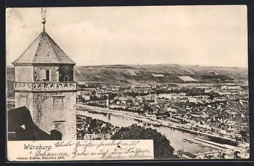 AK Würzburg, Ortsansicht mit Turm und Wasserblick aus der Vogelschau