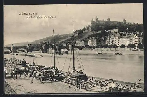 AK Würzburg, Alte Mainbrücke und Festung mit Hafenpartie