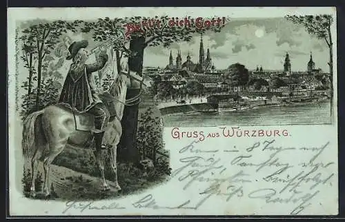 Mondschein-Lithographie Würzburg, Ortsansicht über den Fluss, Mann mit Fanfare auf einem Pferd