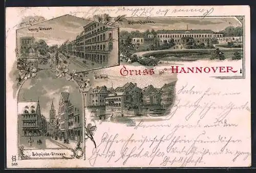 Lithographie Hannover, Georg-Strasse, Schmiede-Strasse, Schloss Herrenhausen