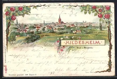 Lithographie Hildesheim, Blick vom Bergholz zum Ort