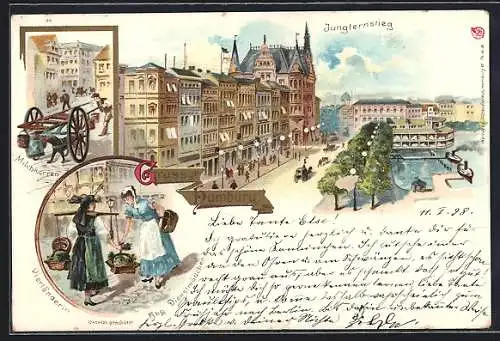 Lithographie Hamburg-Neustadt, Vierländerinnen auf dem Markt, Milchkarren, Jungfernstieg