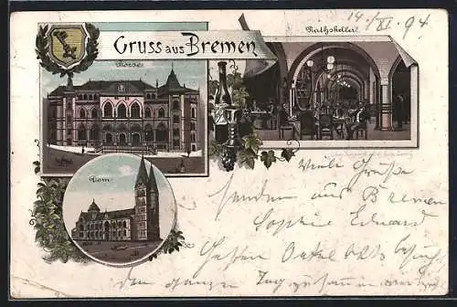 Vorläufer-Lithographie Bremen, 1894, Gasthaus Rathskeller, Börse, Dom