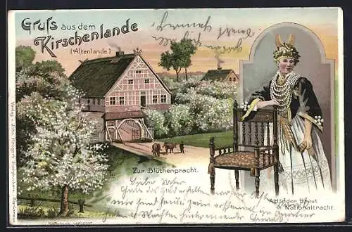 Lithographie Jork, Ortsansicht zur Kirschblüte, Altländer Braut in Nationaltracht