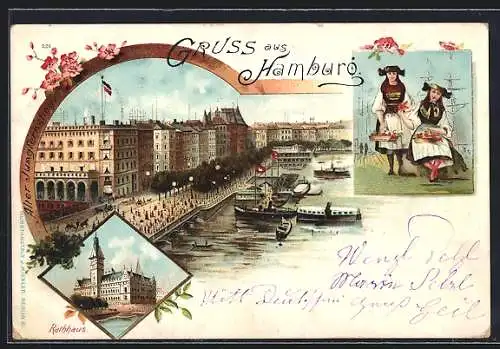 Lithographie Hamburg-Neustadt, Rathaus, Mädchen in ihrer Tracht, Dampfer, Hafen um 1900