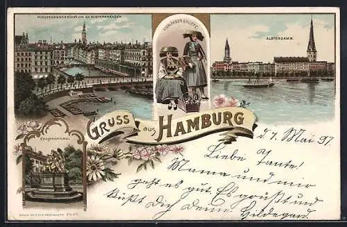 Lithographie Hamburg-Neustadt, Reesendammsbrücke und Alsterakaden, Kriegerdenkmal