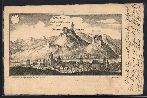 Künstler-AK Nassau, Burg Nassau-Oranien, Stein Schloss und Ortschaft nach Merian anno 1640