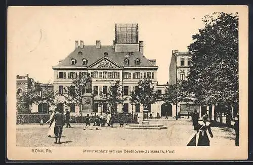 AK Bonn /Rh., Münsterplatz mit van Beethoven-Denkmal und Post