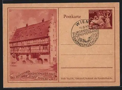 AK Hanau a. M., Das Deutsche Goldschmiedehaus, Ganzsache 6+4 Pfennig