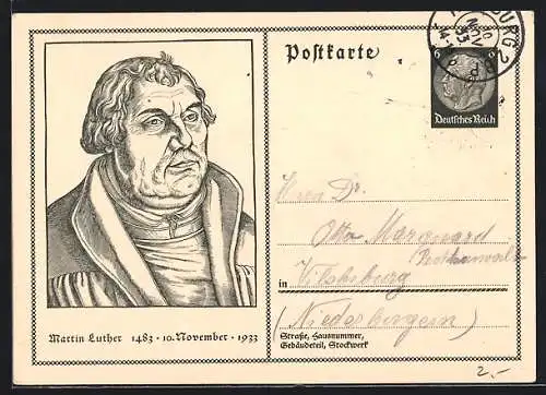 AK Portrait Martin Luther, 1483 - 1933, Ganzsache