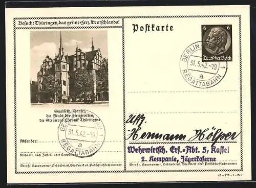 AK Saalfeld /Saale, Rathaus, Ganzsache 6 Pfennig