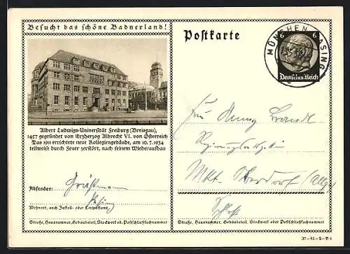 AK Freiburg /Breisgau, Albert Ludwigs-Universität, Ganzsache 6 Pfennig