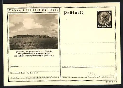 AK Helgoland, Blick auf die Insel, Ganzsache 6 Pfennig