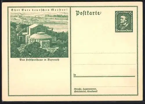 AK Bayreuth, Festspielhaus, Ganzsache 6 Pfennig