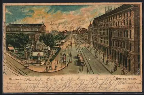 Lithographie Hannover, Georgstrasse mit Strassenbahn