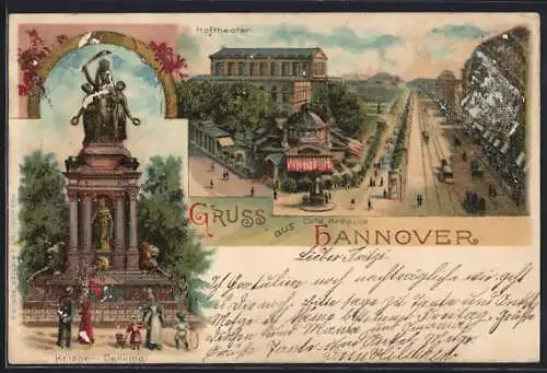 Lithographie Hannover, Hoftheater, Kriegerdenkmal