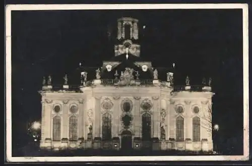 AK Saarbrücken, Nachtaufnahme der Ludwigskirche