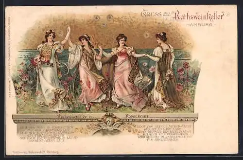 Lithographie Hamburg, Rathsweinkeller, Deckengemälde im Rosenkranz, Blumenmädchen