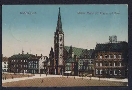 AK Saarlouis, Oberer Markt mit Kirche und Post