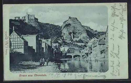 Mondschein-AK Oberstein, Flusspartie mit Burg und Felsklippen