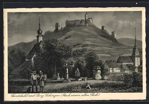 Künstler-AK Landstuhl, Ortsansicht mit Landstuhl und Burg Sickingen nach einem alten Stich