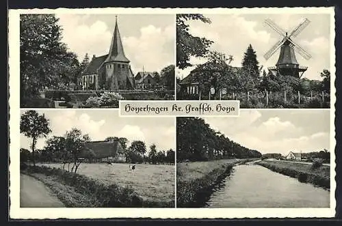 AK Hoyerhagen /Kr. Grafsch. Hoya, Kirche, Windmühle, Uferpartie