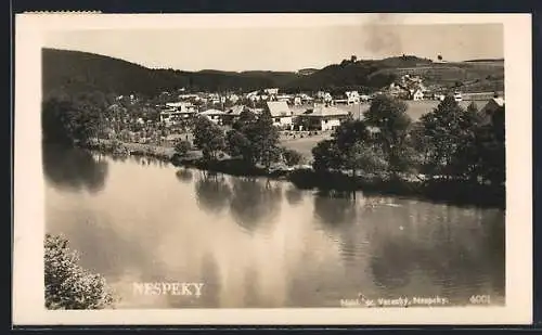 AK Nespeky / Dnespek, Blick über den Fluss zum Ort