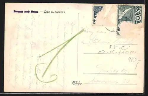 AK Zruc n. Sázavou, Ortsansicht und Gänsehirtin