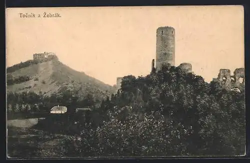 AK Tocník a Zebrák, Burgruine und Blick ins Tal