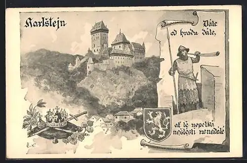 Künstler-AK Karlstein, Blick auf die Burg und Ritter mit Wappen