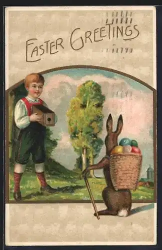 AK Easter Greetings, Junge fotografiert einen Osterhasen