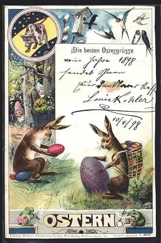 AK Osterhasen mit bunten Ostereiern, Frosch mit Zigarre, Stier, Vögel, Zwerge