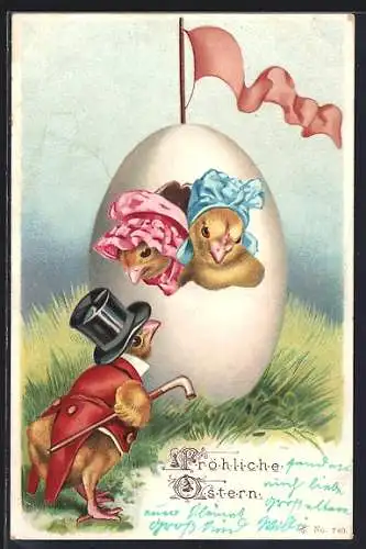 AK Fröhliche Ostern, Osterkükenkavalier und Damen