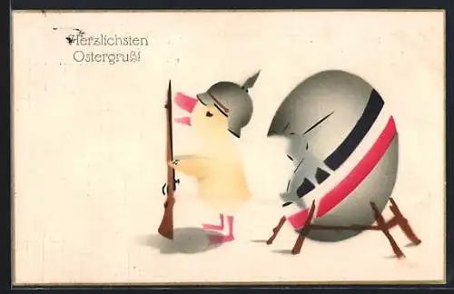 AK Osterküken mit Pickelhaube, Gewehr und Reichsfahne